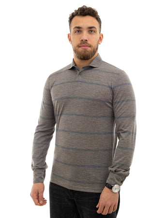 Corneliani Polo manica lunga 2 bottoni grigio righe blu da uomo