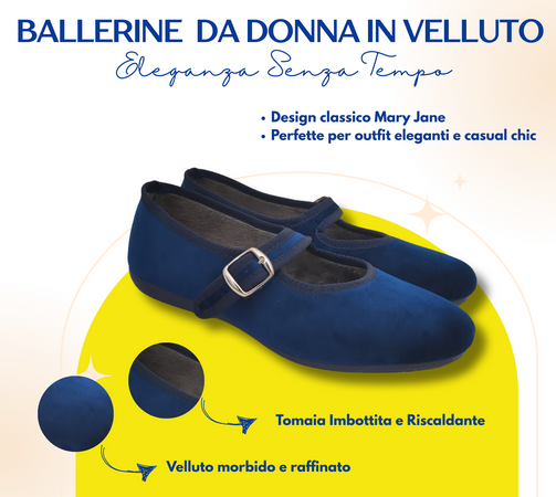 Originali Mary Jane, Ballerine Donna da Casa, Eleganti Friulane con Cinturino, Pantofole Basse in Velluto, Produzione Artigianale