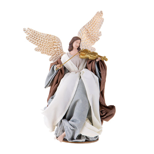 Angelo con violino in tessuto e resina color Crema e Grigio decorazione natalizia da 34 cm