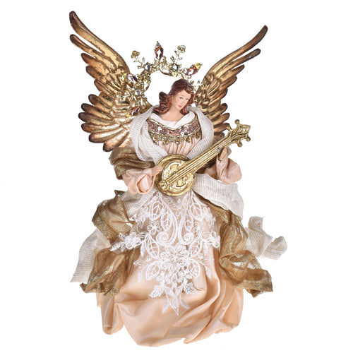 Angelo con chitarra in tessuto e resina color Beige e Oro decorazione natalizia da 26 cm