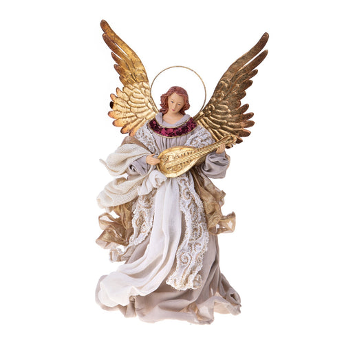 Angelo in tessuto per natività con Mandolino Beige ed Oro presepe natalizio da 36 cm