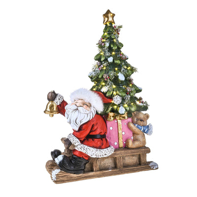 Babbo Natale con campana, albero natalizio e slitta in resina da 50 cm