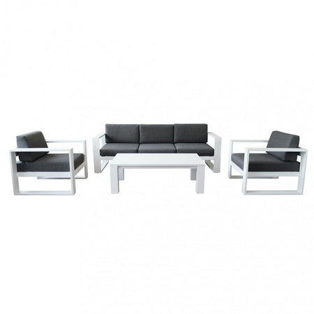 Salotto "Guadalupa" 3 poltrone con cuscini per esterno e giardino, in alluminio