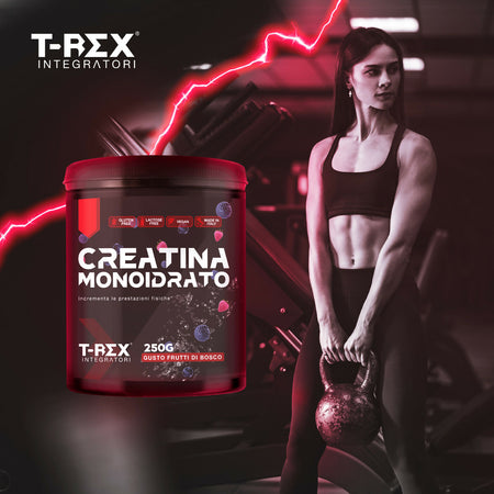 T-rex integratori creatina monoidrata - integratore alimentare per massa muscolare e boost energetico pre workout (frutti di bosco, 250 g)
