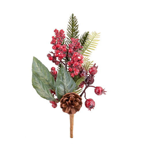 Ramo decorativo color verde e bacche rosse innevate per decorazioni e composizioni di fiori