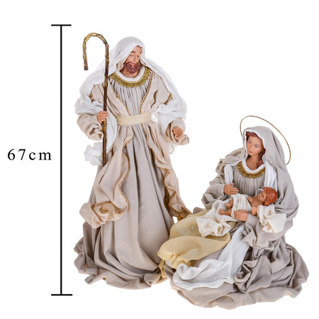 Natività completa statue per presepe con vestiti in tessuto Crema h 67 cm