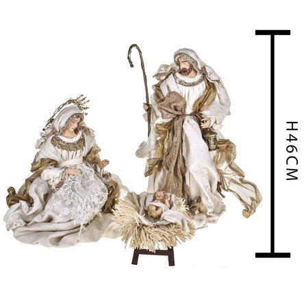 Natività completa statue per presepe con vestiti in tessuto Champagne h 46 cm
