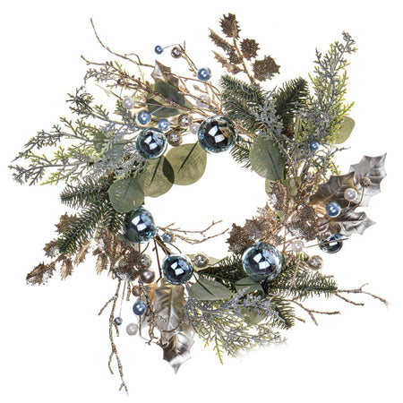 Ghirlanda retro porta natalizia decorato con bacche e sfere azzurre Ø 48 cm