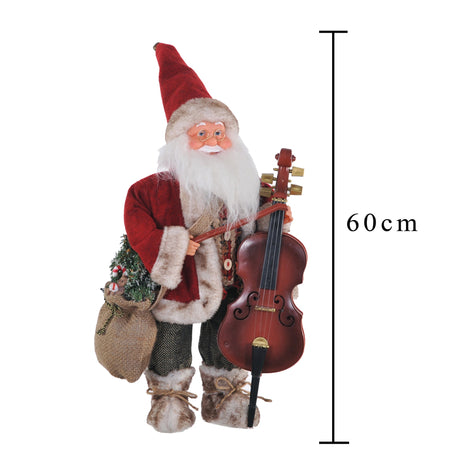 Babbo natale decorazione natalizia pupazzo h 54 cm con contrabbasso e vestiti rossi statuetta
