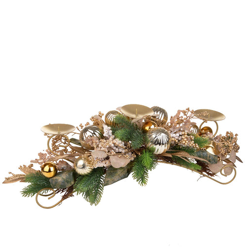Portacandela decorativo oro con bacche e sfere per decorazioni natalizie, per 3 candele