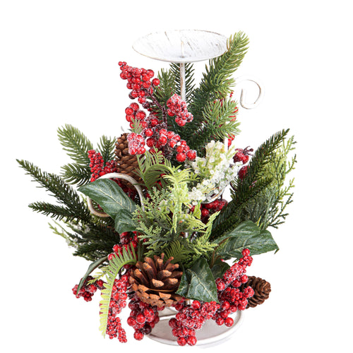 Portacandela decorativo con bacche e pigne per decorazioni natalizie