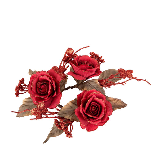 Portacandela decorativo con rose e bacche per decorazioni natalizie 15 cm