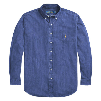 Camicia Uomo In Jeans Ralph Lauren Slim Fit Camicia Casual Con Logo Ricamato Colletto Botton Down Blu Navy Vestibilità Slim