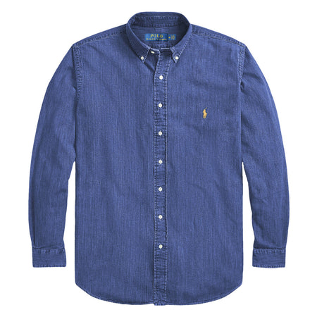 Camicia Uomo In Jeans Ralph Lauren Slim Fit Camicia Casual Con Logo Ricamato Colletto Botton Down Blu Navy Vestibilità Slim