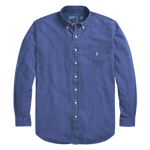 Camicia Uomo In Jeans Ralph Lauren Slim Fit Camicia Casual Con Logo Ricamato Colletto Botton Down Blu Navy Vestibilità Slim