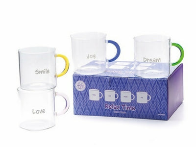 Accademia della tisana - Relax time - set di 4 tazze da tè in vetro borosilicato con manico colorato e scritta decorativa.