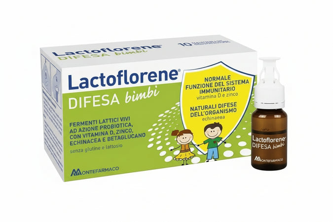 Lactoflorene DIFESA Bimbi - fermenti lattici vivi ad azione probiotica con Vitamina D, Zinco, Echinacea e Betaglucano - senza glutine e lattosio - 10 flaconcini