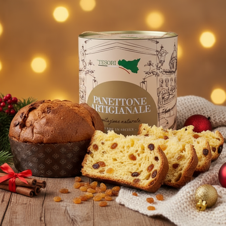Tesori di sicilia panettone artigianale tradizionale uvetta e canditi 1kg, latta siciliana "ù ciauru di palermo" con mazzo di carte siciliano omaggio