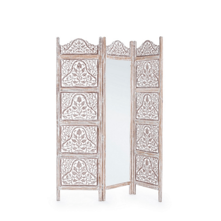 Paravento 3 Ante "Alyssia" bianco in legno di mango, mdf e vetro, lavorato a mano 130x2,5x 180 cm