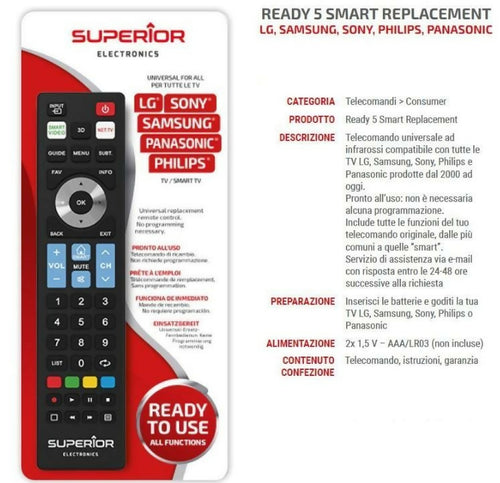 SUPERIOR - READY5 SMART - TELECOMANDO UNIVERSALE PER SMART TV LG, SAMSUNG, SONY, PHILIPS, PANASONIC NON RICHIEDE PROGRAMMAZIONE
