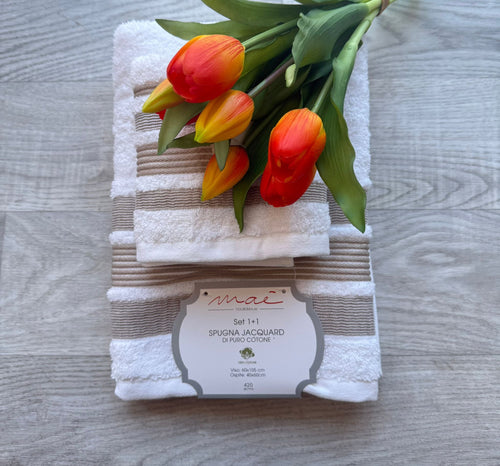 Set Asciugamani 1+1 Via Roma 60 Lino – Spugna di Cotone Jacquard 420 gr/m²