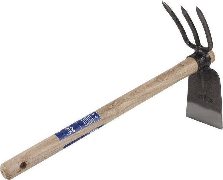 Zappa Da Giardino 2 In 1 Con Manico In Legno – Testa In Acciaio Inox – 3 Denti E Lama Piatta – Attrezzo Diserbo