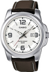 Orologio casio per uomo, MTP-1314L-7A, cinturino in pelle marrone, quadrante bianco con datario, movimento al quarzo