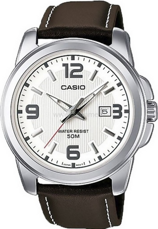 Orologio casio per uomo, MTP-1314L-7A, cinturino in pelle marrone, quadrante bianco con datario, movimento al quarzo