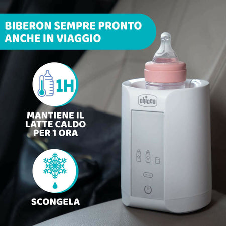 CHICCO Scaldabiberon Portatile da Viaggio e Scalda Pappa con 3 Programmi e Spegnimento Automatico, Scalda in Modo Graduale, Anche per Vasetti e Latte Materno, Mantiene il Calore, 220W, Bianco