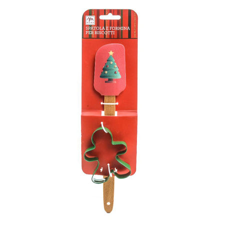 Set spatola rossa in silicone con manico in legno e formina per biscotti