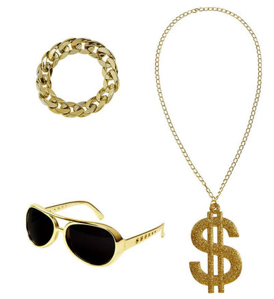 PAPPONE (occhiali da sole oro, collana dollaro oro glitter, braccialetto oro)