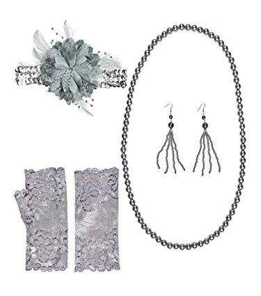 CHARLESTON ANNI 20 RUGGENTI (fascia per testa in paillettes con fiore, paio di orecchini perline, collana perline, paio di guant Widmann