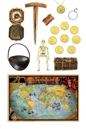 ACCESSORI PIRATA LUSSO (mappa dell'isola del tesoro, 2 forzieri, 8 monete, picchetto, scheletro, bussola, benda per occhio, orec Widmann