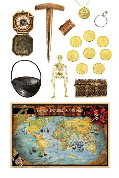 ACCESSORI PIRATA LUSSO (mappa dell'isola del tesoro, 2 forzieri, 8 monete, picchetto, scheletro, bussola, benda per occhio, orec