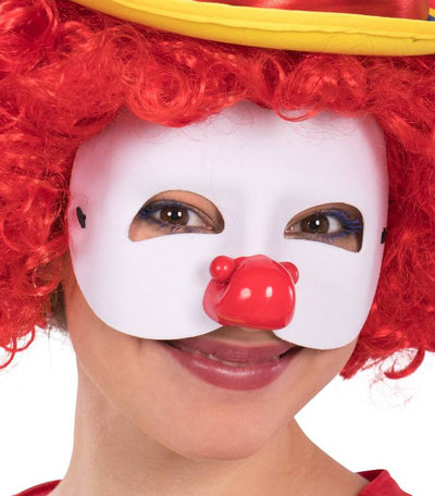 Maschera clown mezzo viso in tessuto bianco con naso in plastica morbida in busta c/cav.