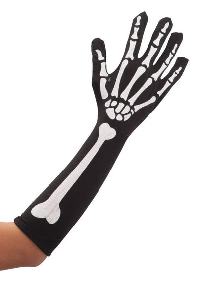 Guanti neri in tessuto elasticizzato con ossa scheletro l.cm.40 ca. in busta c/cav. Carnival-Toys