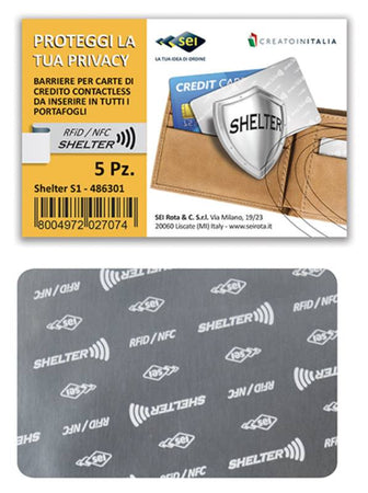 confezione 5 Barriere per carte di credito contactless da inserire in tutti i portafogli - espositore da 50 confezioni Seirota