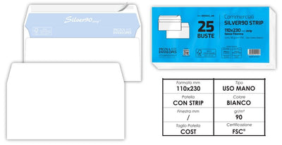 Conf. 25 buste bianche 11x23cm 90g/m2 con strip senza finestra Pigna