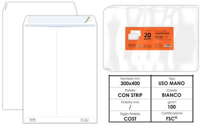 Conf. 20 buste competitor a sacco con strip 30x40cm 80g/m2