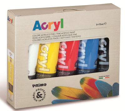 5 tubi colore acrilico fine 75ml, colori primari, in scatola cartone