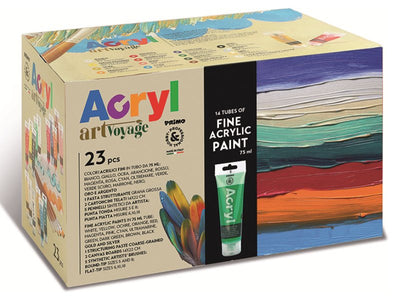 Mega Box Acryl 16 colori acrilici x 75ml, 2 cartoncini telati, 5 pennelli sintetici. Morocolor