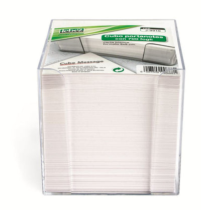 Cubo porta notes foglietti in plastica trasparente con 700 foglietti bianchi - formato 9x9cm Lebez