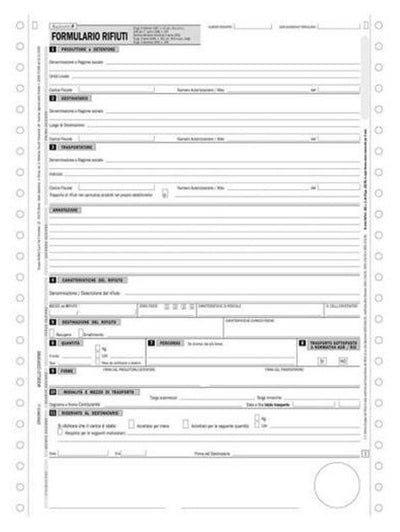 Formulario di identificazione rifiuti trasportati, modulo continuo a 4 copie autoricalcanti (Misura 12x24) Data Ufficio (Buffetti)