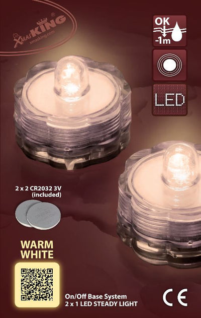 Set 2 Tea Light Sommergibili 1 LED BIANCO CALDO, Luce Fissa, a Batteria 2xCR2032 3V (incluse), uso Esterno, Dimensioni DIAM.3xH2