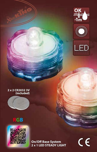 Set 2 Tea Light Sommergibili 1 LED MULTICOLOR RGB, Gioco di luce automatico di cambio colore RGB, a Batteria 2xCR2032 3V (inclus