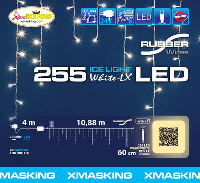 Ice Light 255 LED BIANCO CALDO 5mm Controller 8G 24V Esterno Cavo Bianco 4m+1088xH60cm