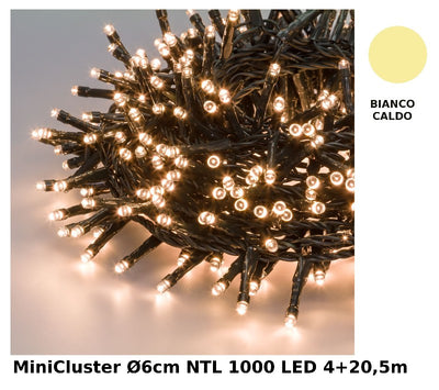 Catena Nastro MiniCluster o6cm NTL 1000 LED BIANCO CALDO 5mm Controller 8G Timer Trasformatore Esterno Cavo Verde 4+20,5m Lotti