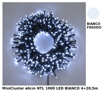 Catena Nastro MiniCluster Diametro 6cm NTL 1000 LED BIANCO 5mm Controller 8G Timer Trasformatore Esterno Cavo Verde 4+20,5m