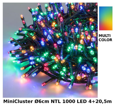 Catena Nastro MiniCluster Diametro 6cm NTL 1000 LED MULTI 5mm Controller 8G Timer Trasformatore Esterno Cavo Verde 4+20,5m