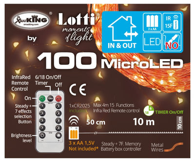 Catena M-IR 100 MicroLED TRADITIONAL 1,5mm Telecomando IR 15 Funzioni On-Off 8G Luminosita' Variabile Timer a Batteria Esterno C